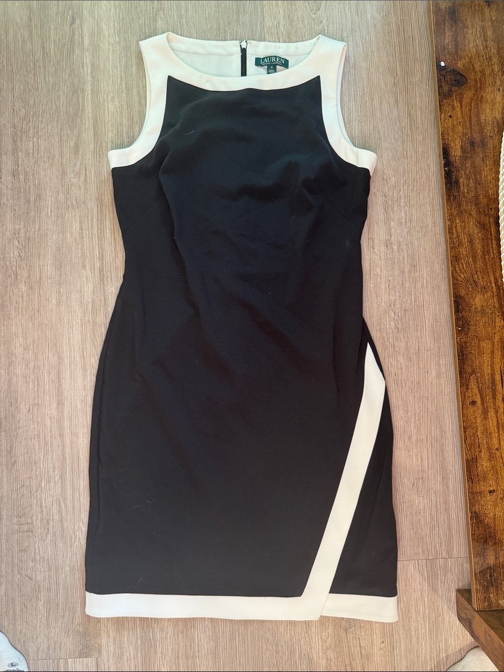 Ralph Lauren Black and White Sleeveless Sheath Dress with Asymmetric Trim